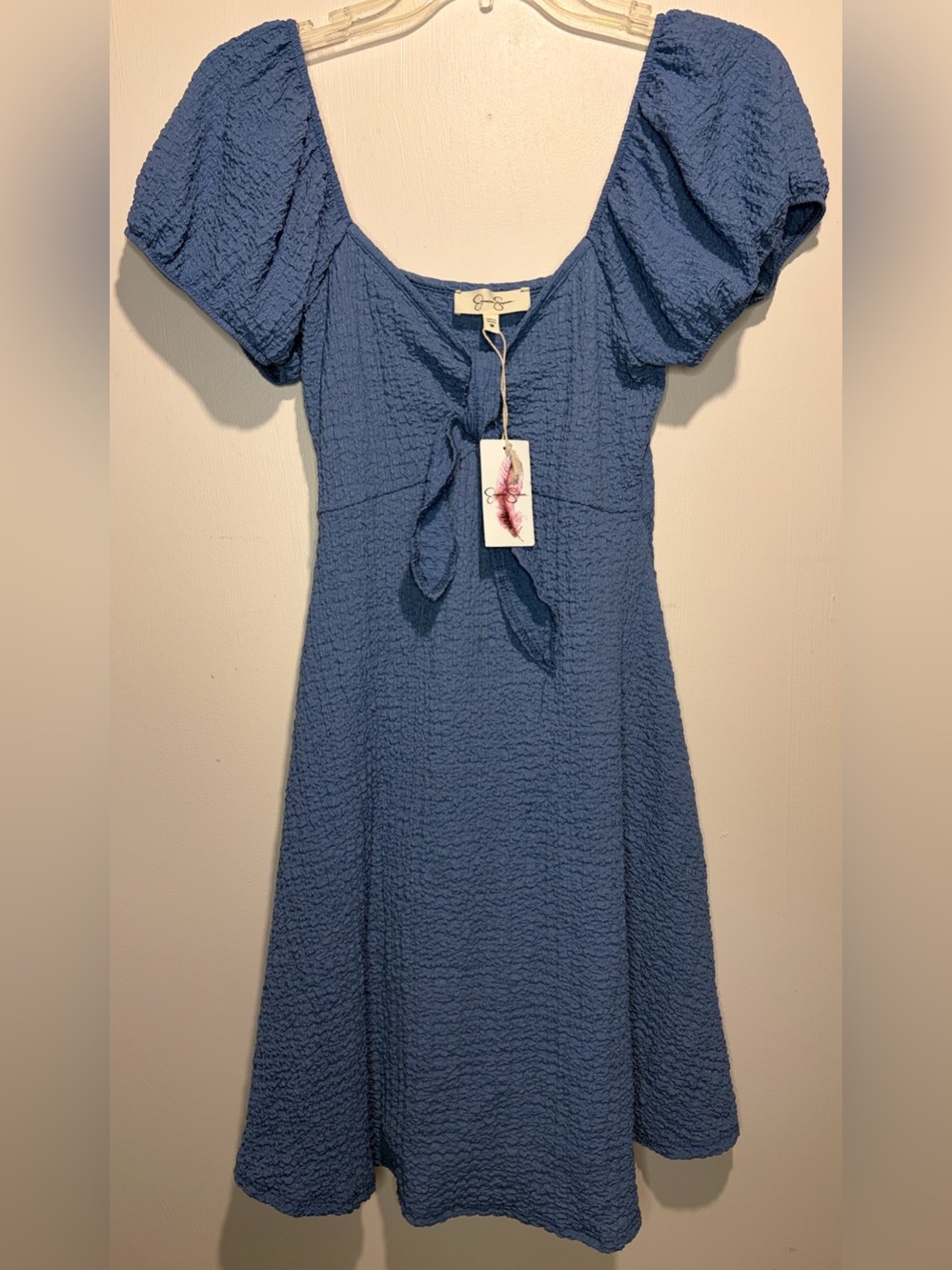 Jessica Simpson NWT Blue Gauze Textured Baby Doll Puff Sleeves Mini Dress Size M